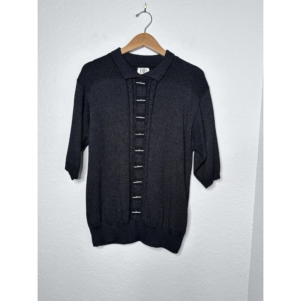Fia Italia Sweater Womens Size L Black Handloomed Top Collar Short‎ Sleeves VTGE